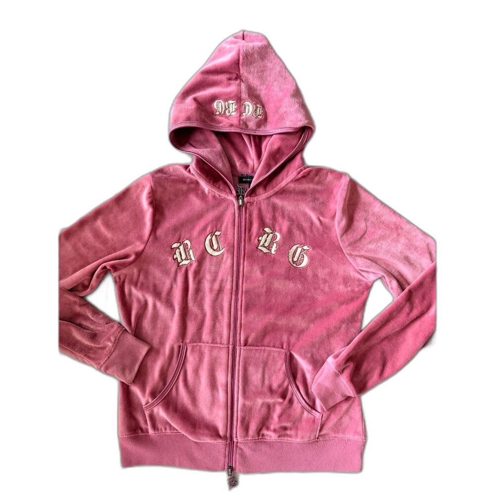 VTG Y2K BCBGMAXAZRIA Velour Track Jacket Hoodie Sequin Crown Bling Pink Size M